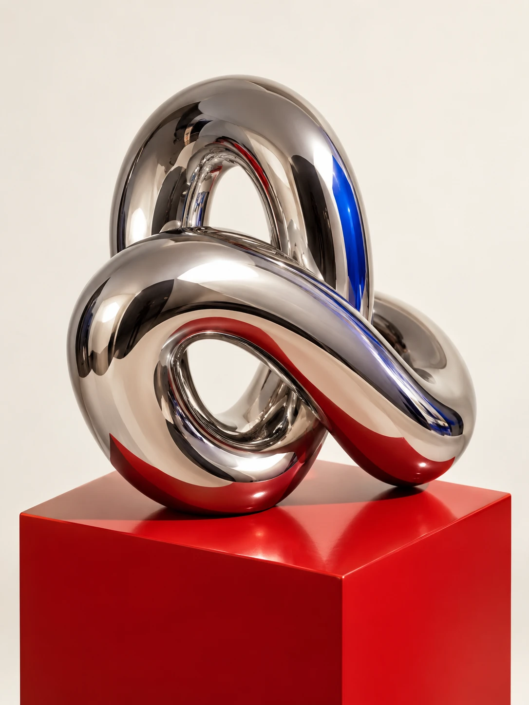 A Little Tangled, a chrome sculpture on a red plinth